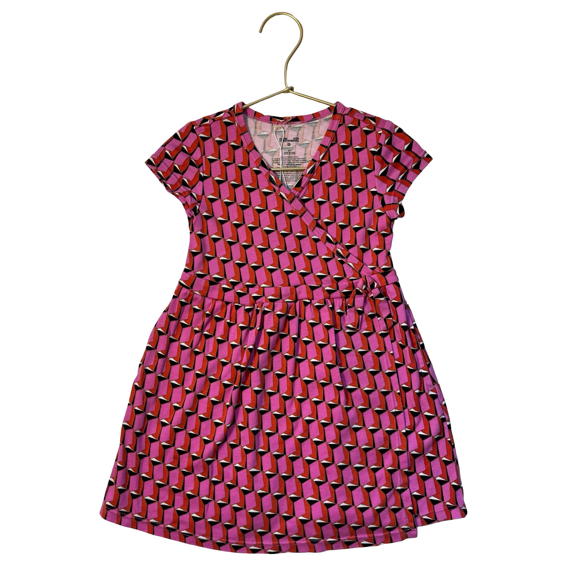 DVF for Target Pink, Black, Red Geo Pattern Faux Wrap Dress - Size 4T