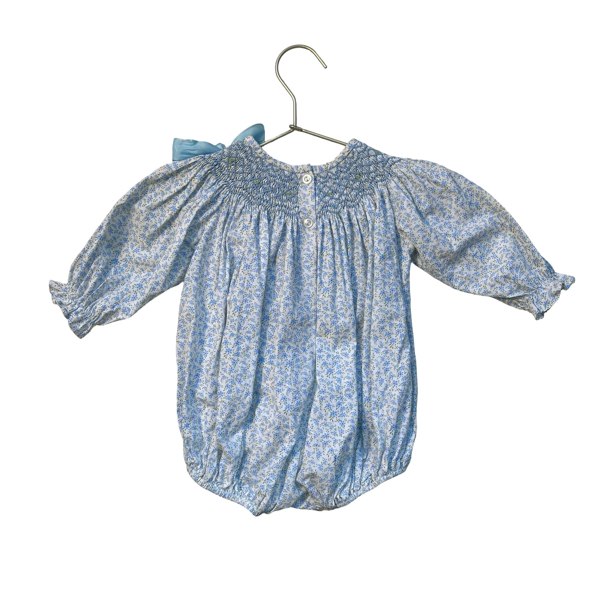 Stitchy Fish White & Blue Floral Smocked Bubble Romper - Size 12 Mo