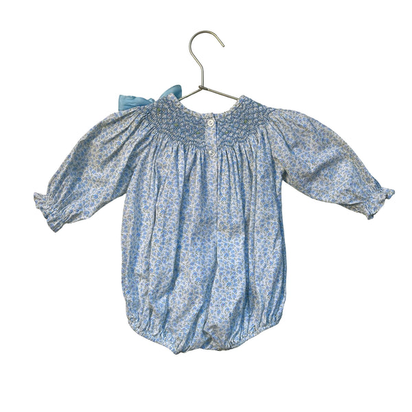 Stitchy Fish White & Blue Floral Smocked Bubble Romper - Size 12 Mo