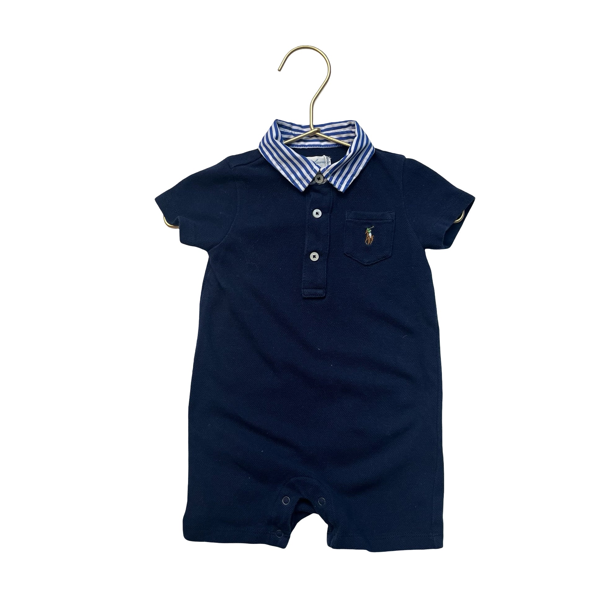 Ralph Lauren Navy Striped-Collar Polo Romper - Size 6 Mo