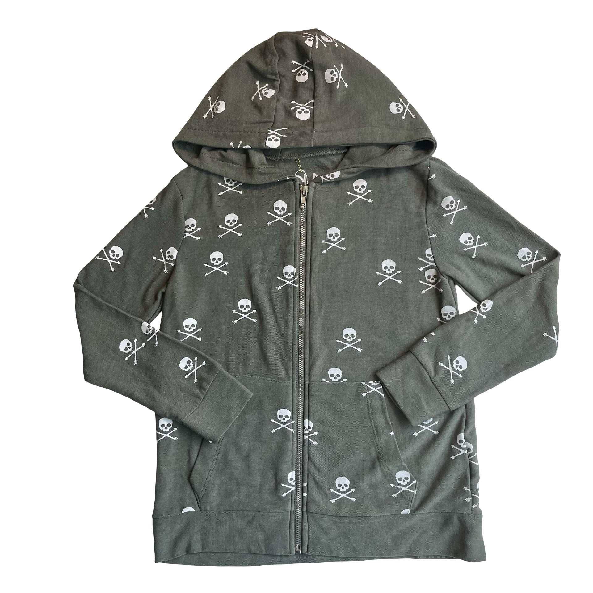 Chaser Olive Green Skull & Crossbones Zip-Up Hooded Sweatshirt - Size 8