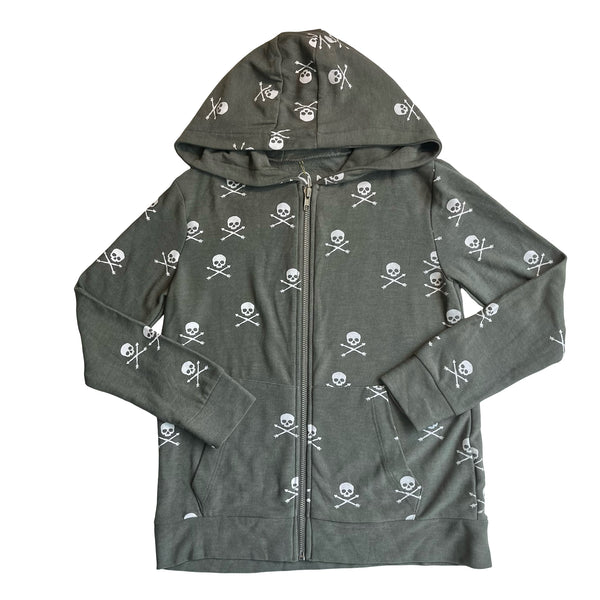 Chaser Olive Green Skull & Crossbones Zip-Up Hooded Sweatshirt - Size 8