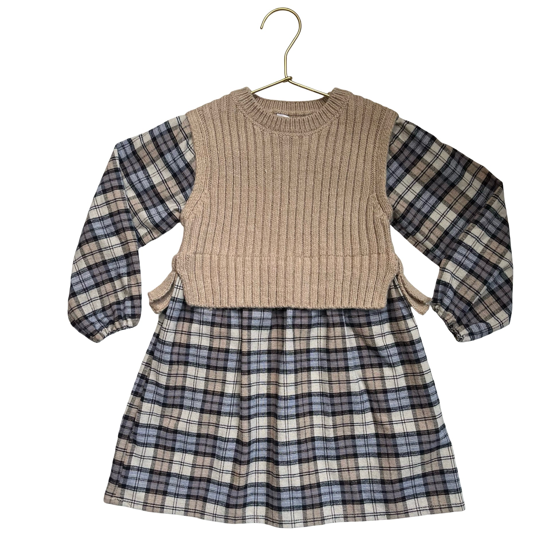 Zara Tan & Blue Plaid Flannel & Tan Sweater Vest Dress - Size 3-4