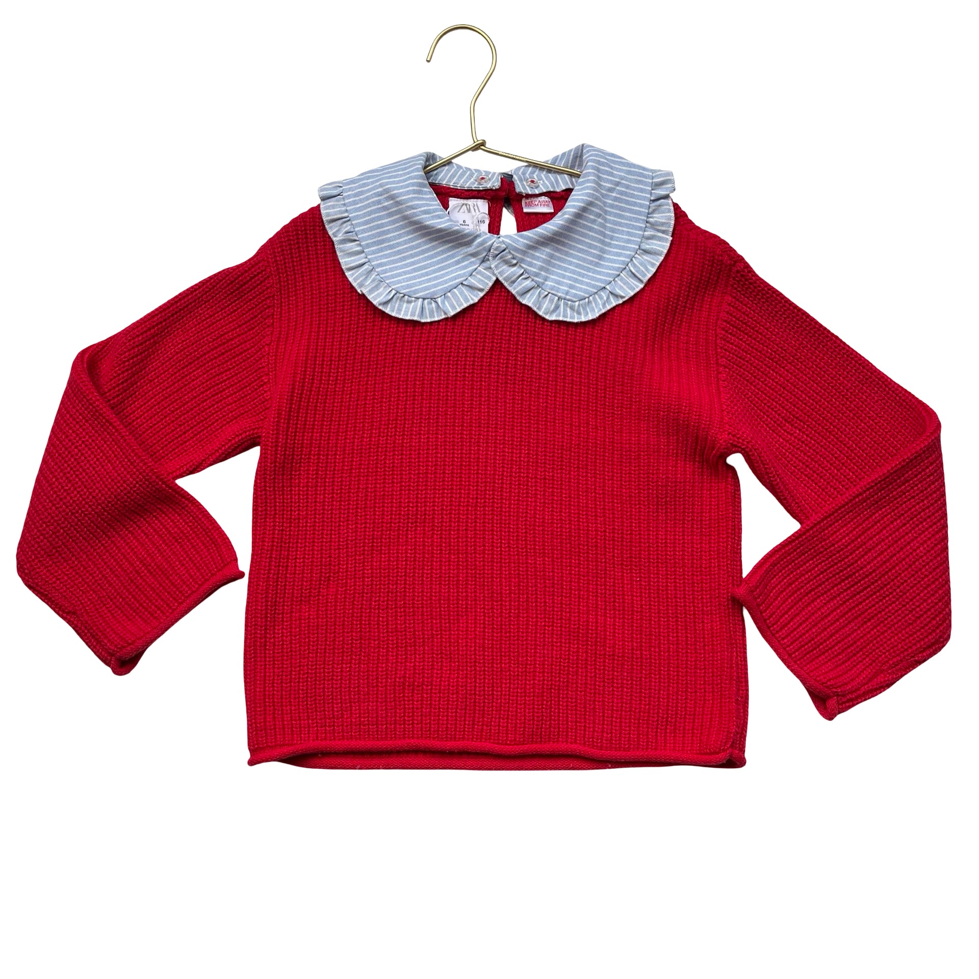Zara Red Sweater, Removeable Blue Striped Collar - Size 6