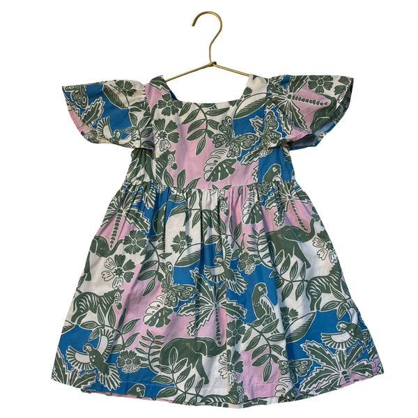 Mini Boden Pink, Green, Ivory, Blue Tropical Print Dress - Size 3-4Y