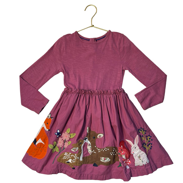 Mini Boden Dusty Plum Forrest Animal Applique Dress - Size 5-6