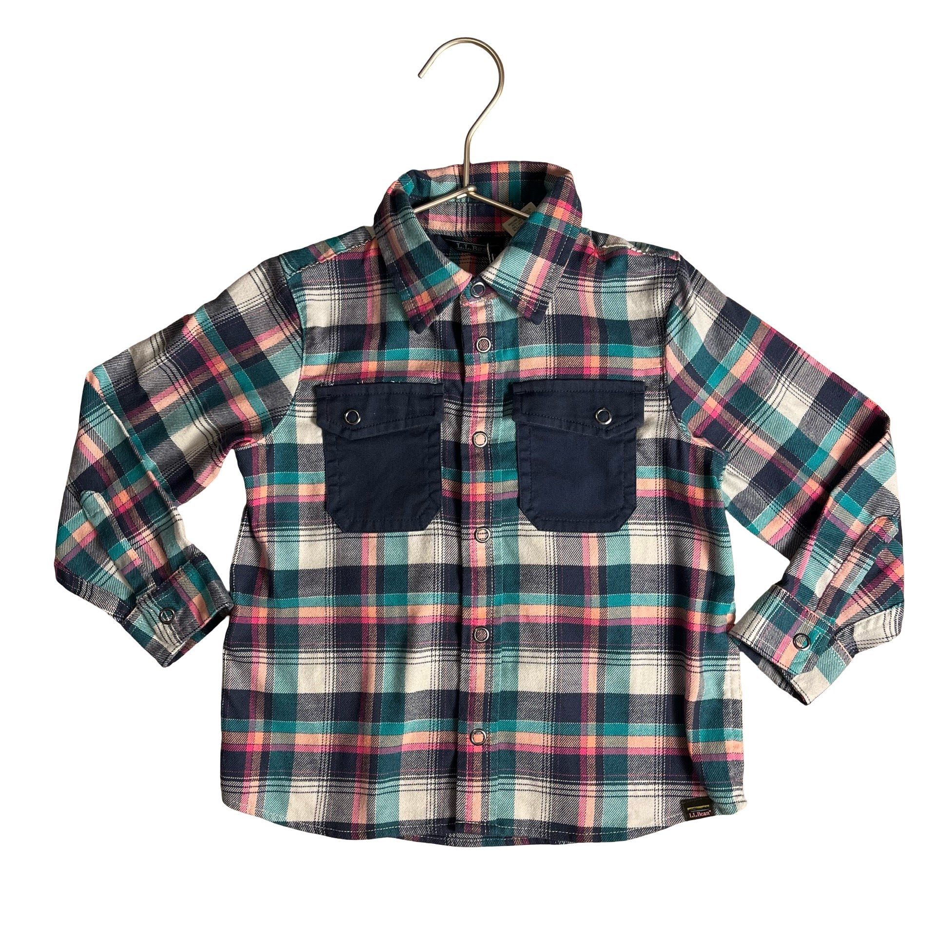 L.L.Bean Navy, Teal, Peach Plaid Flannel Snap Shirt - Size 3T