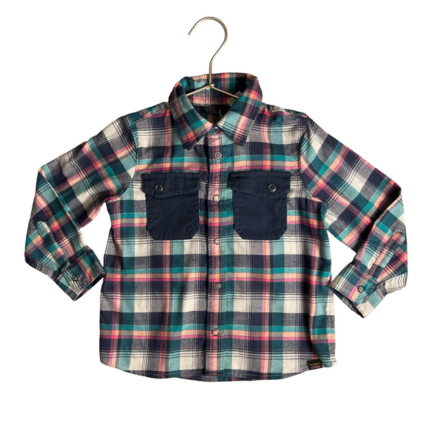 L.L.Bean Navy, Teal, Peach Plaid Flannel Snap Shirt - Size 3T