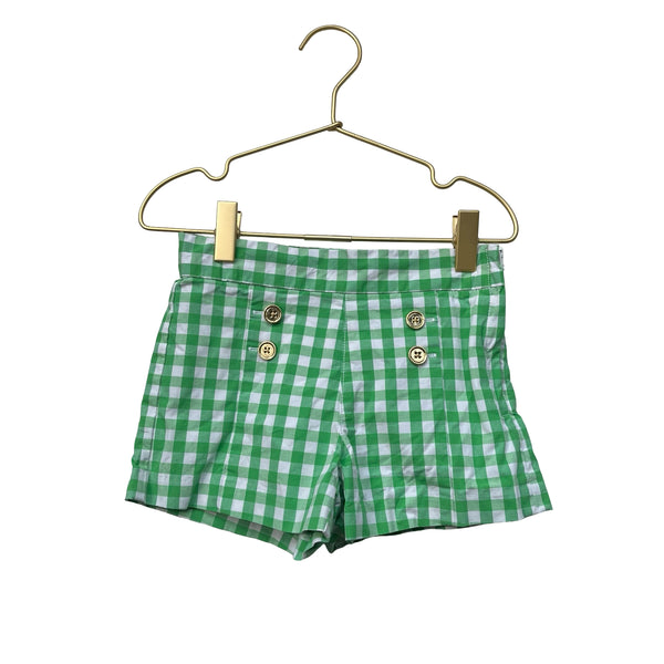 Janie and Jack Green & Ivory Check, Gold Button Shorts - Size 5