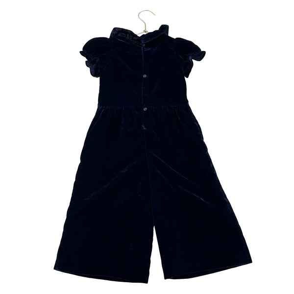 Janie and Jack Navy Velvet Jumpsuit, Gold Embroidered Collar - Size 3