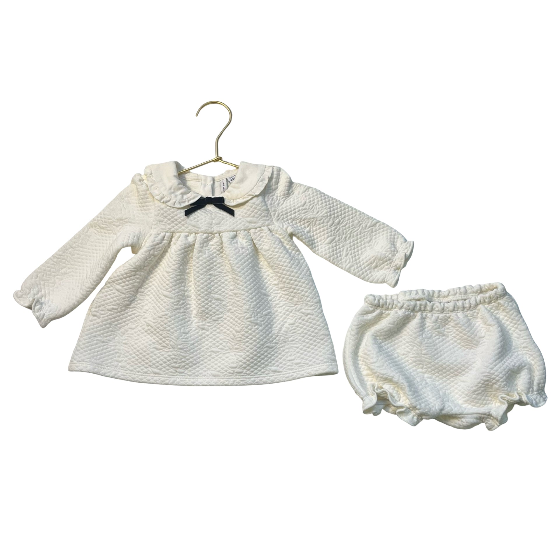 Janie and Jack Ivory Quilted Dress w Black Velvet Bow & Bloomers - Size 6-12 Mo