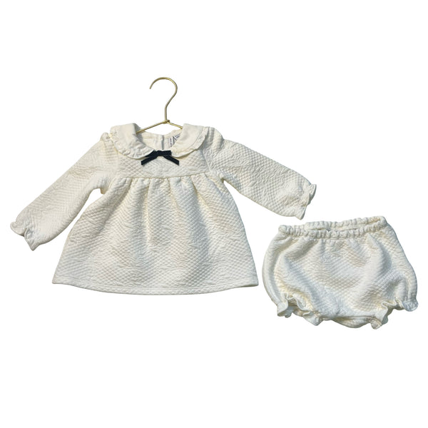 Janie and Jack Ivory Quilted Dress w Black Velvet Bow & Bloomers - Size 6-12 Mo