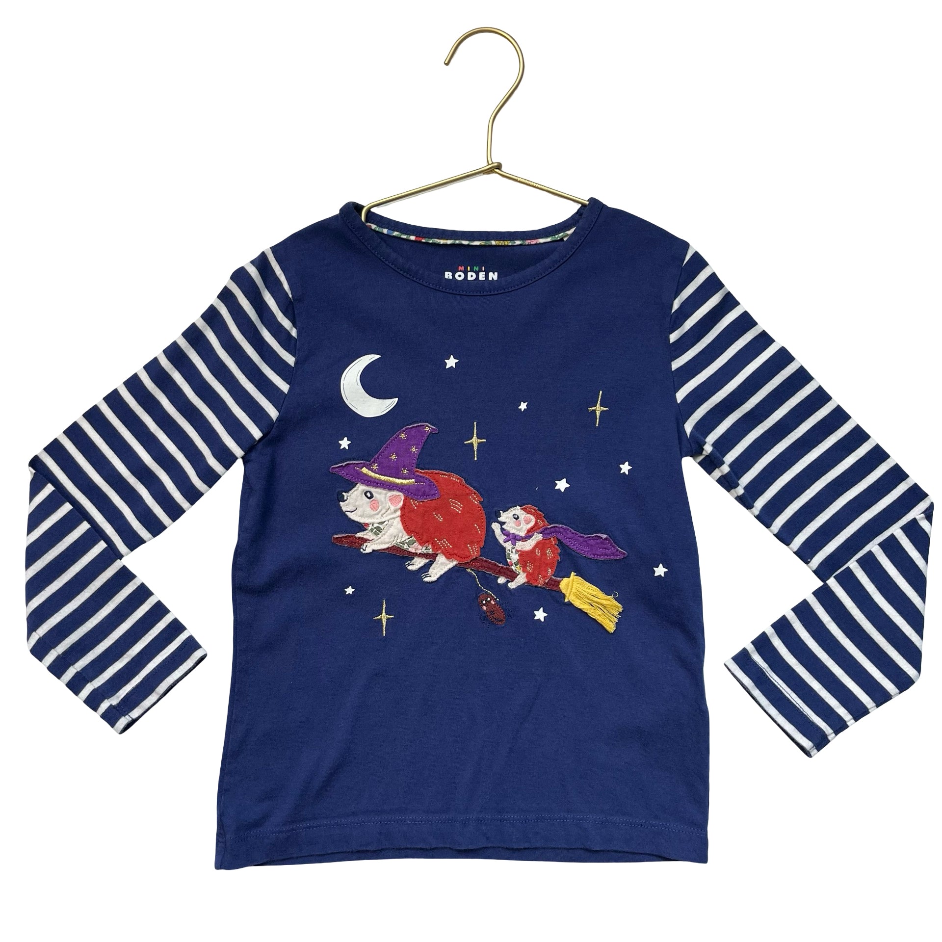 Mini Boden Navy Hedgehog Witch Broom Applique Shirt - Size 6-7Y