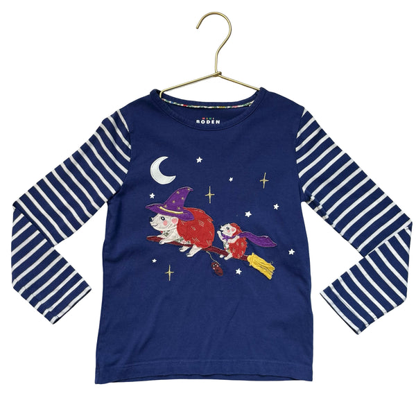 Mini Boden Navy Hedgehog Witch Broom Applique Shirt - Size 6-7Y