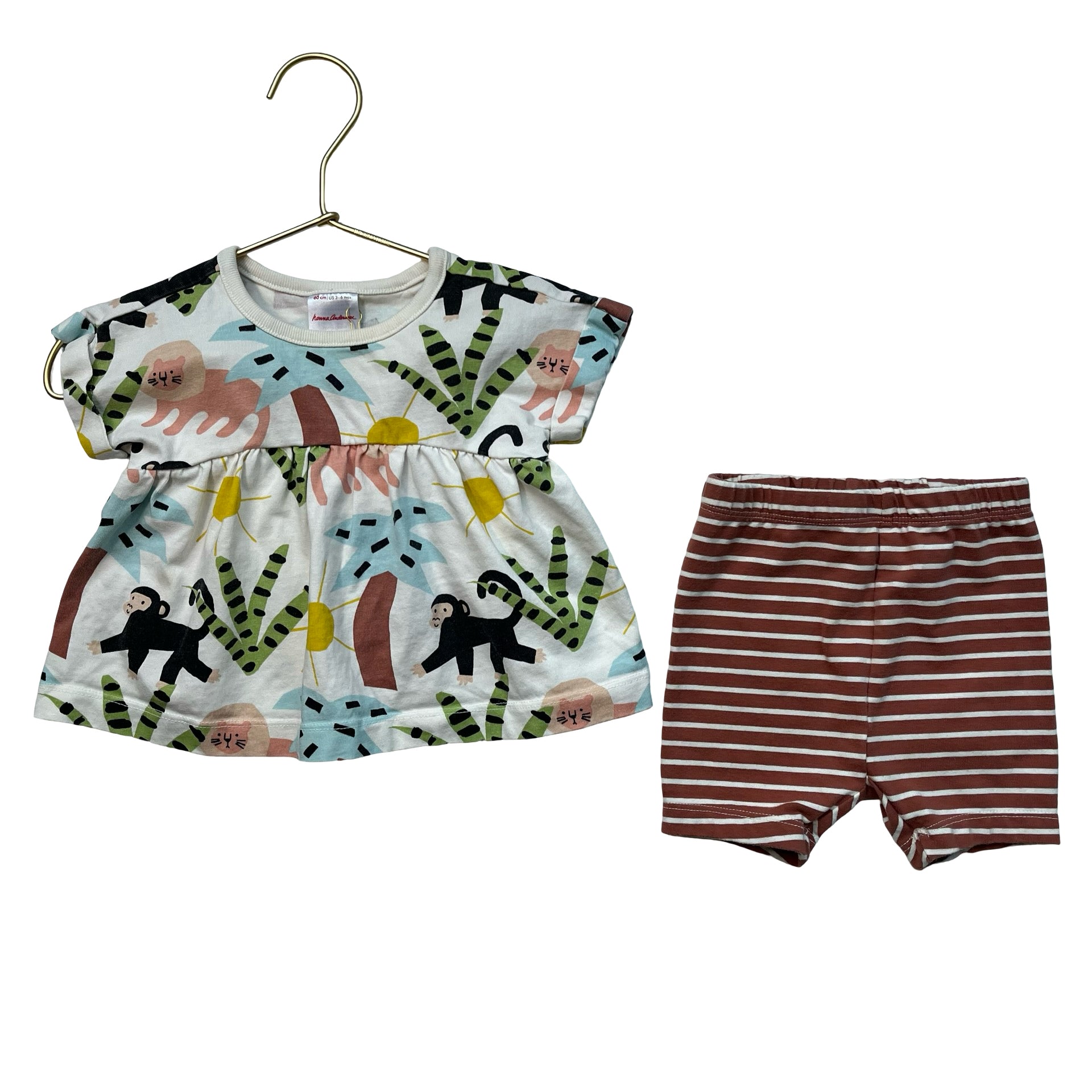 Hanna Andersson Ivory Animal Print Top & Brown Striped Shorts Set - Size 3-6 Mo