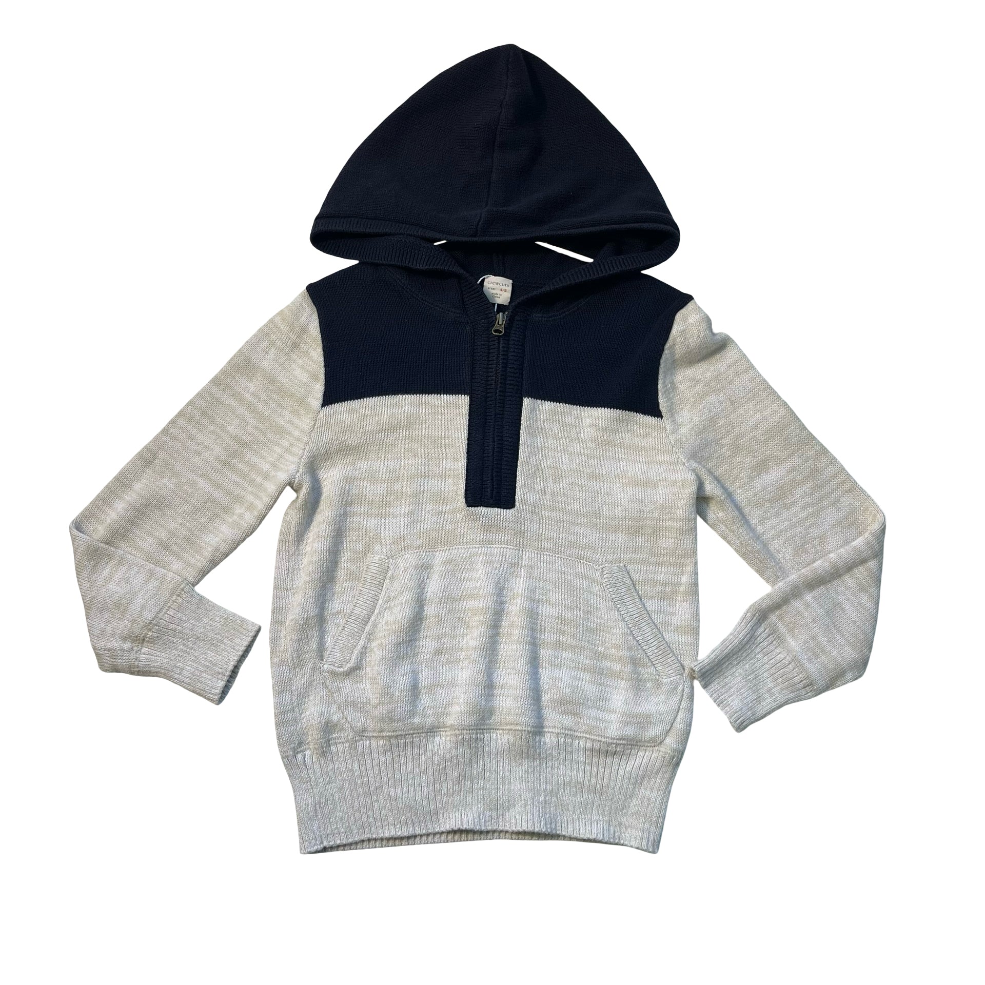 Crewcuts Tan & Navy Quarter-Zip Hooded Cotton Sweater - Size 4-5