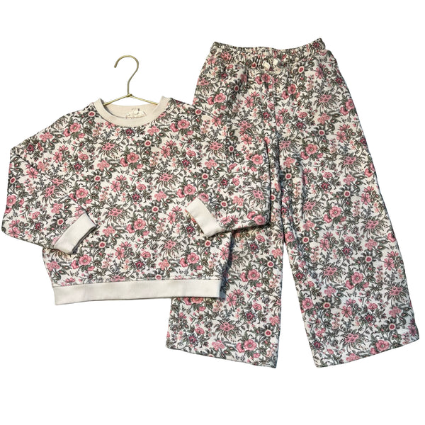 Louise Misha Ivory & Pink Floral Sweatshirt & Wide-Leg Pants Set - Size 7Y