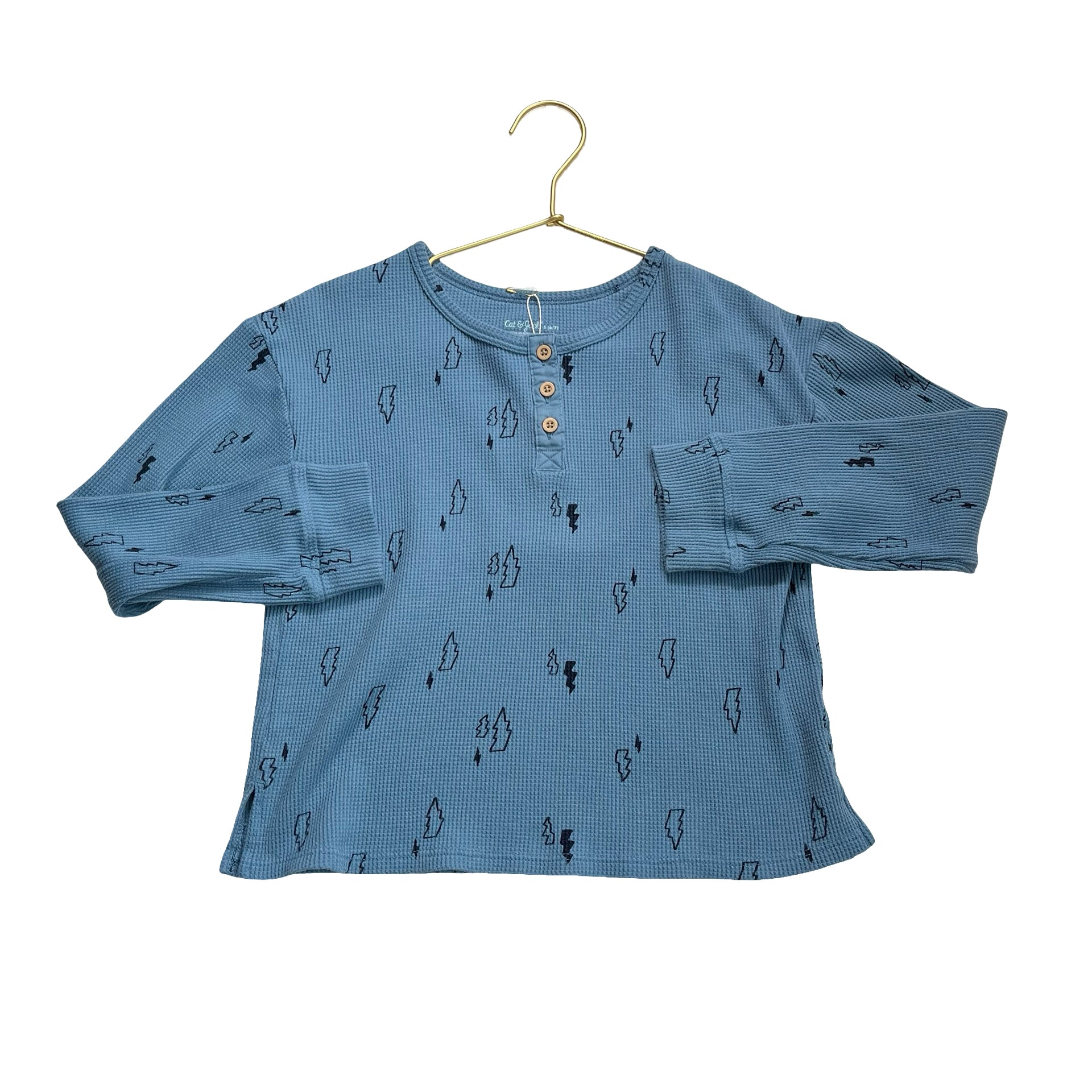 Cat & Jack Blue & Black Lighting Bolt Henley Waffle Shirt - Size S (6/7) - Bounce Mkt