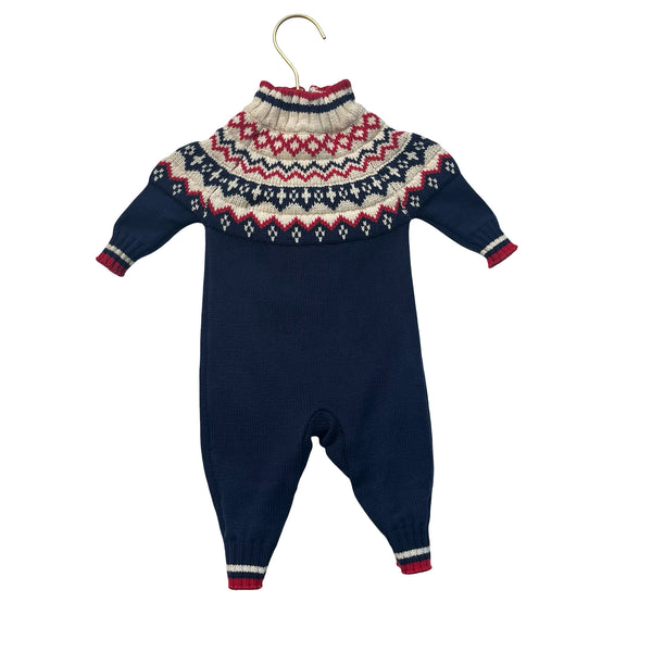 Hope & Henry Navy, Ivory, Red Fair Isle Cotton Knit One-Piece - Size 0-3 Mo