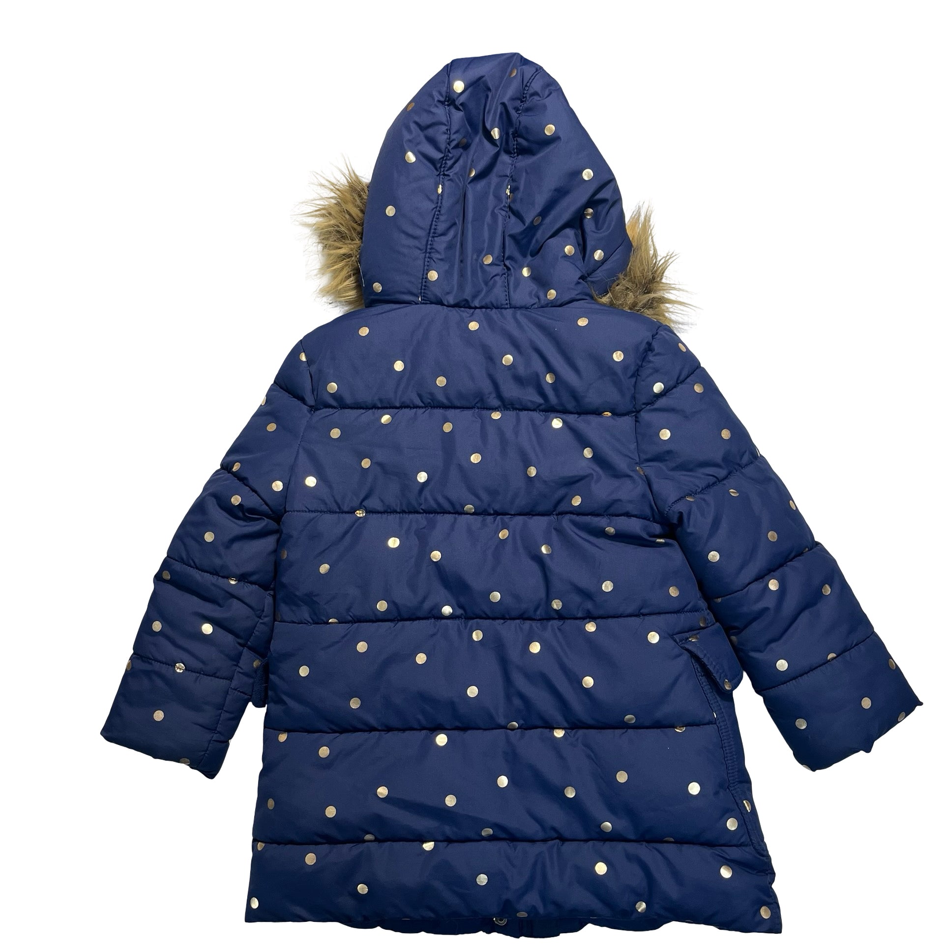 Boden Navy & Gold Foil Dot Faux Fur Hood Toggle Jacket - Size 2-3Y