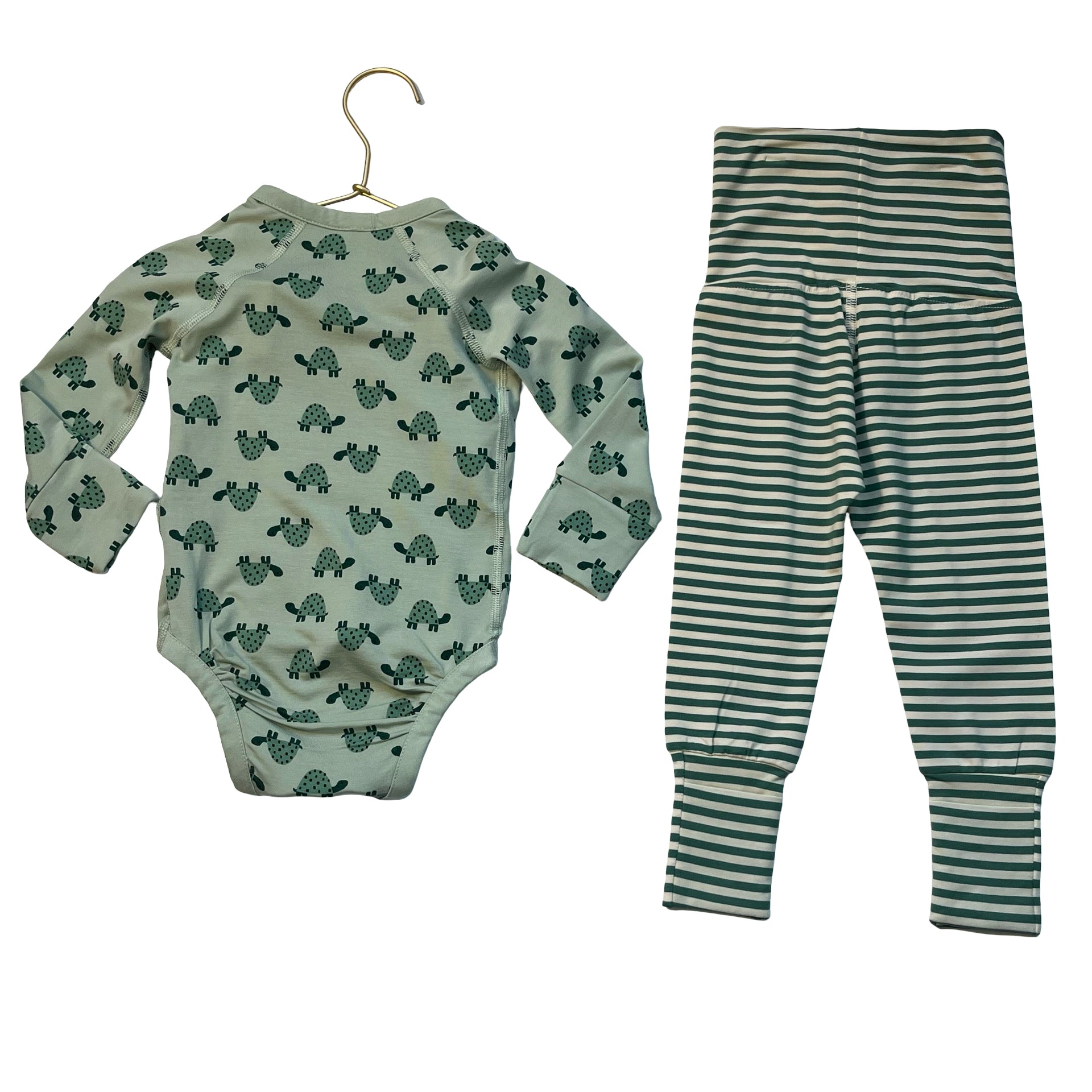 Hanna Andersson Green Turtle Print Bodysuit & Striped Pants Set - 12-18 Mo