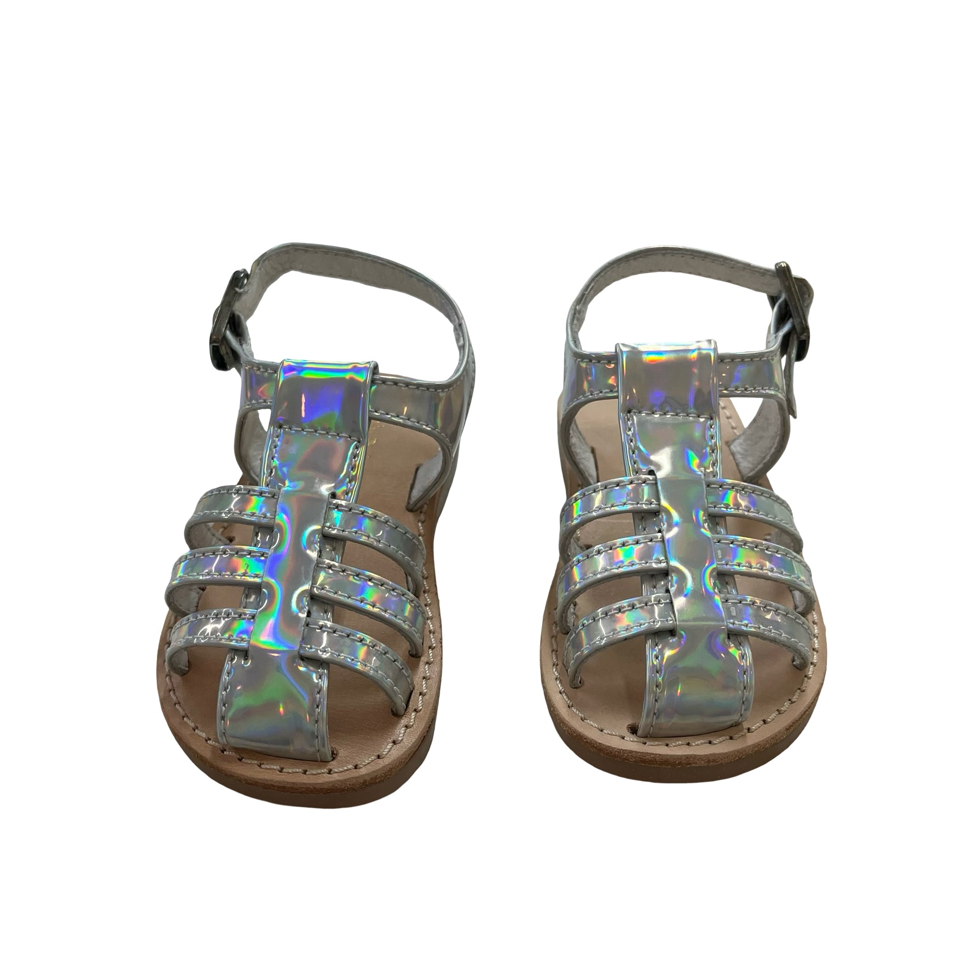 Freshly Picked Silver Holographic Leather Bixby Sandals New in Box - Size 5