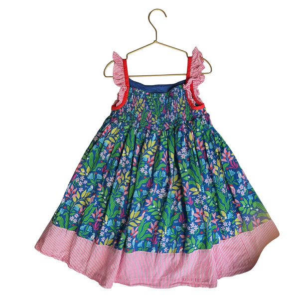 Mini Boden Blue Tropical & Striped Print Dress - Size 6-7Y