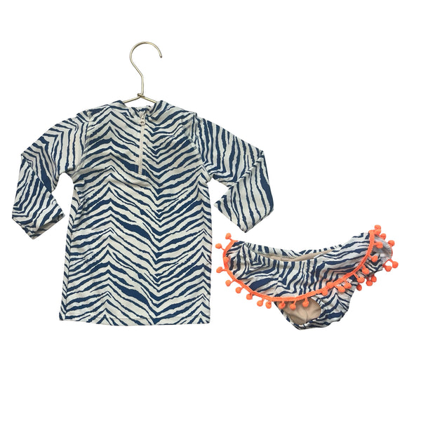 Shade Critters Ivory & Blue Animal Print Rash Guard 2 Piece Swim Suit - 12-18 Mo