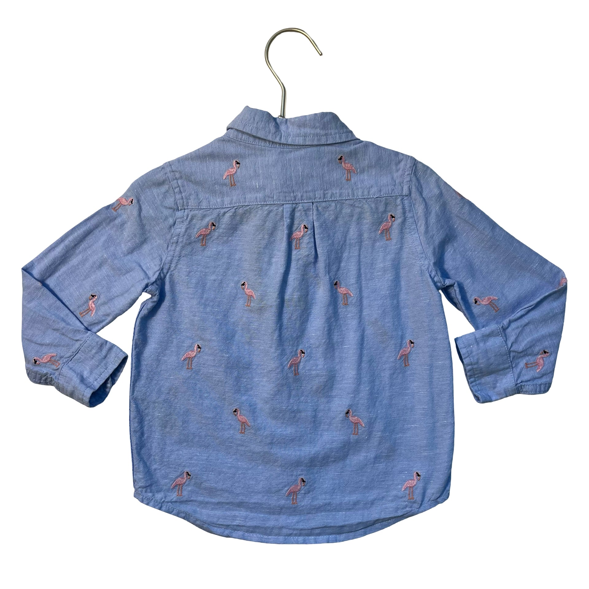 Janie and Jack Blue & Pink Embroidered Flamingo Linen-Cotton Button Down - 2T