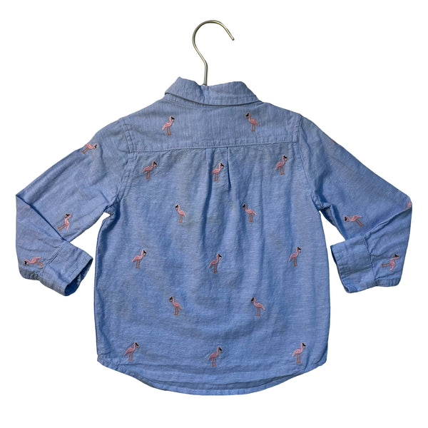 Janie and Jack Blue & Pink Embroidered Flamingo Linen-Cotton Button Down - 2T