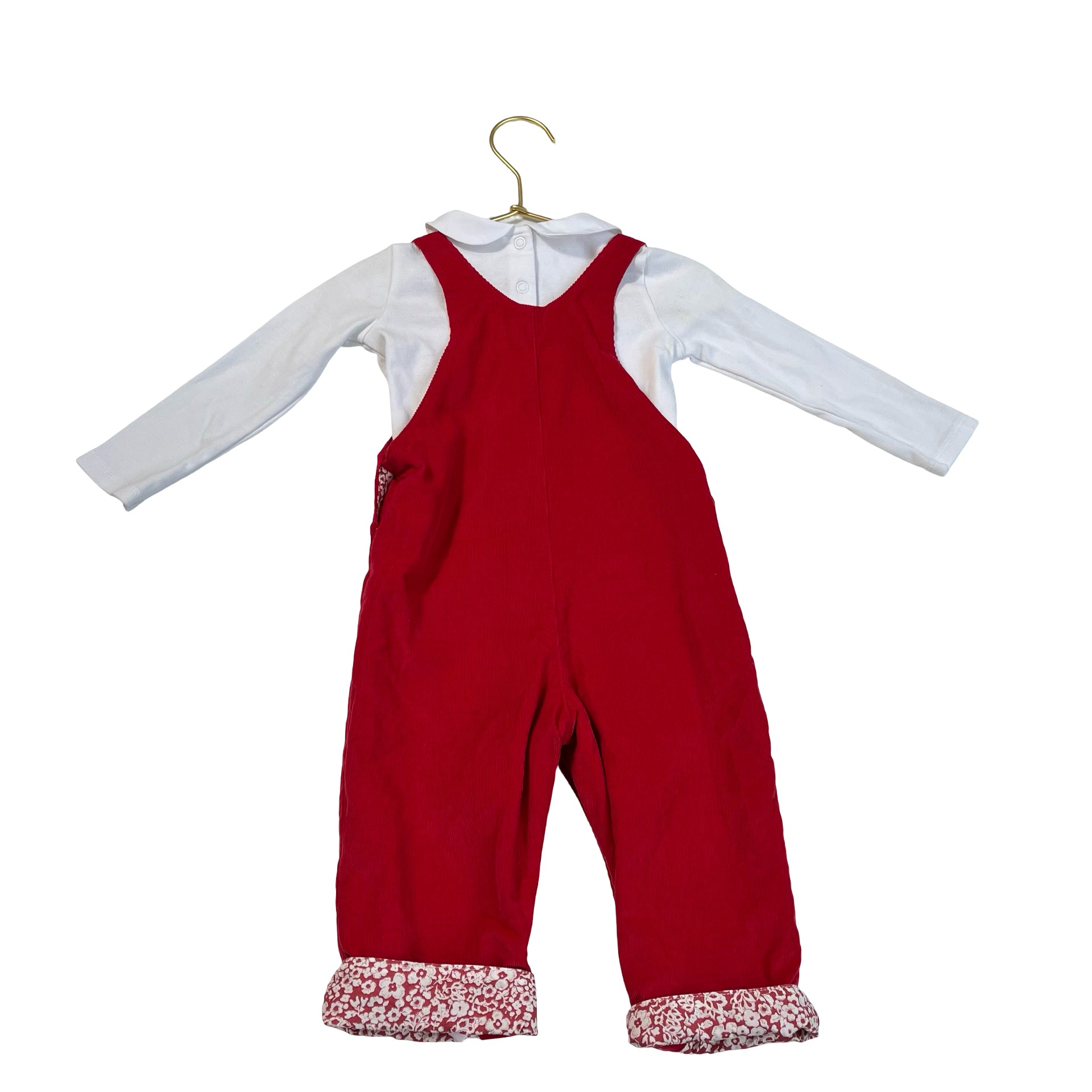 The Little White Company Red Corduroy Overalls & White Shirt Set - Size 9-12 Mo