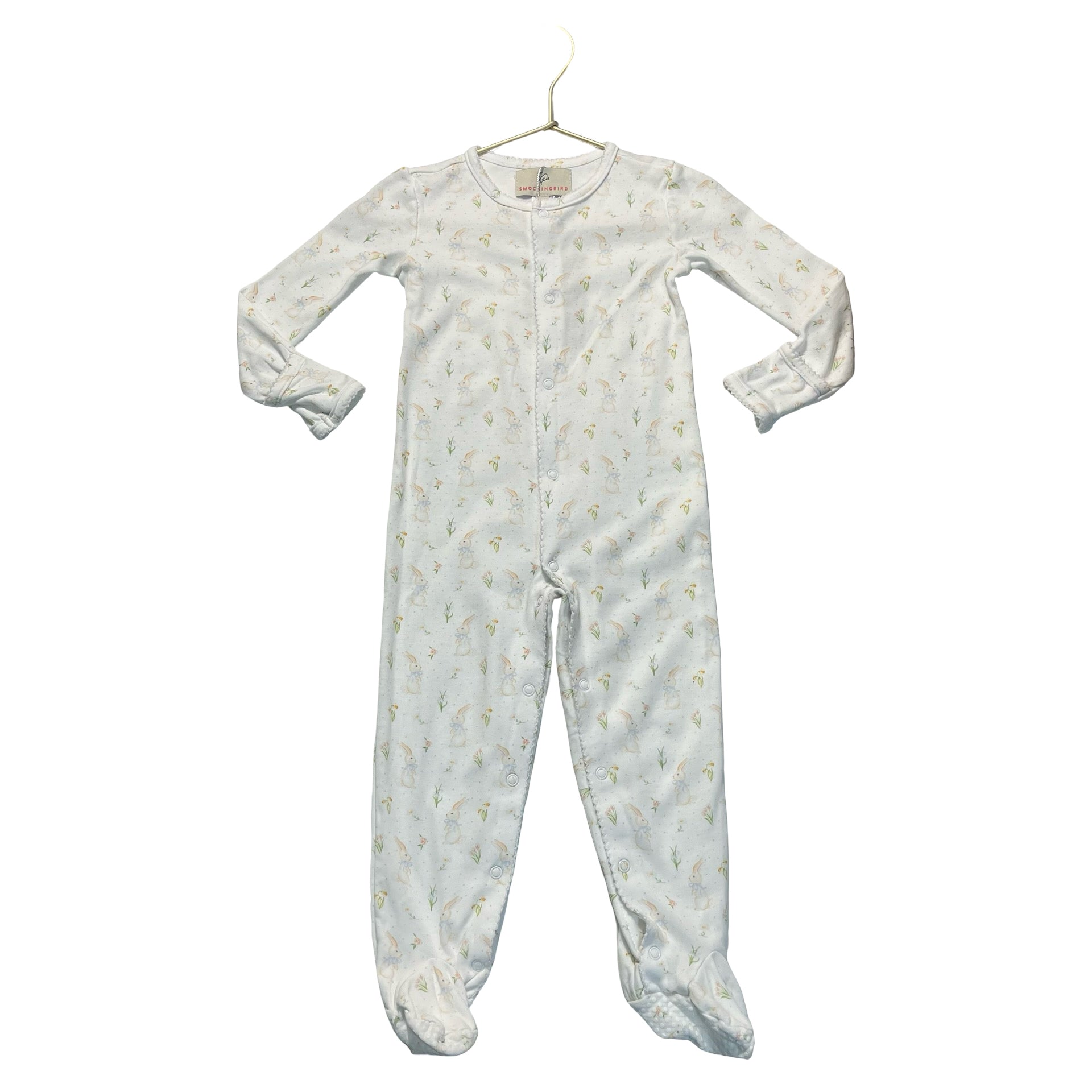 Smockingbird Ivory Bunny Print Footed One-Piece PJs - Size 24 Mo