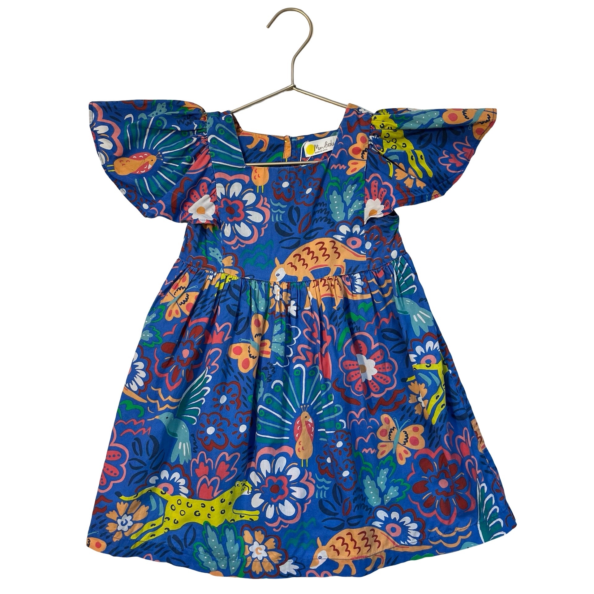 Mini Boden Blue & Colorful Tropical Animal & Flower Print Dress - Size 3-4Y