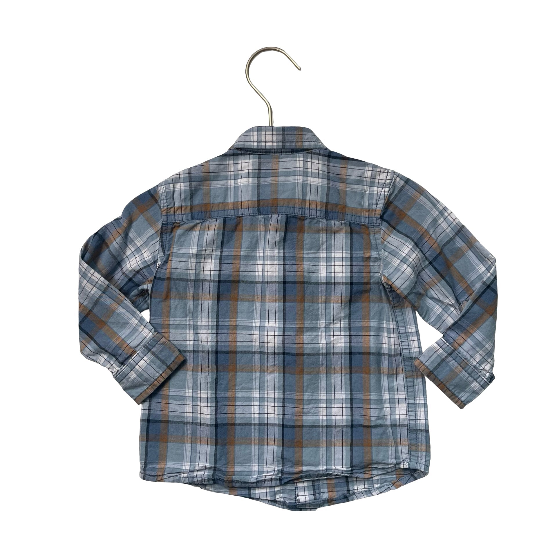 Children's Place Blue, Ivory & Brown Plaid Snap Long Sleeve Shirt - Size 12 - 18 M - Bounce Mkt