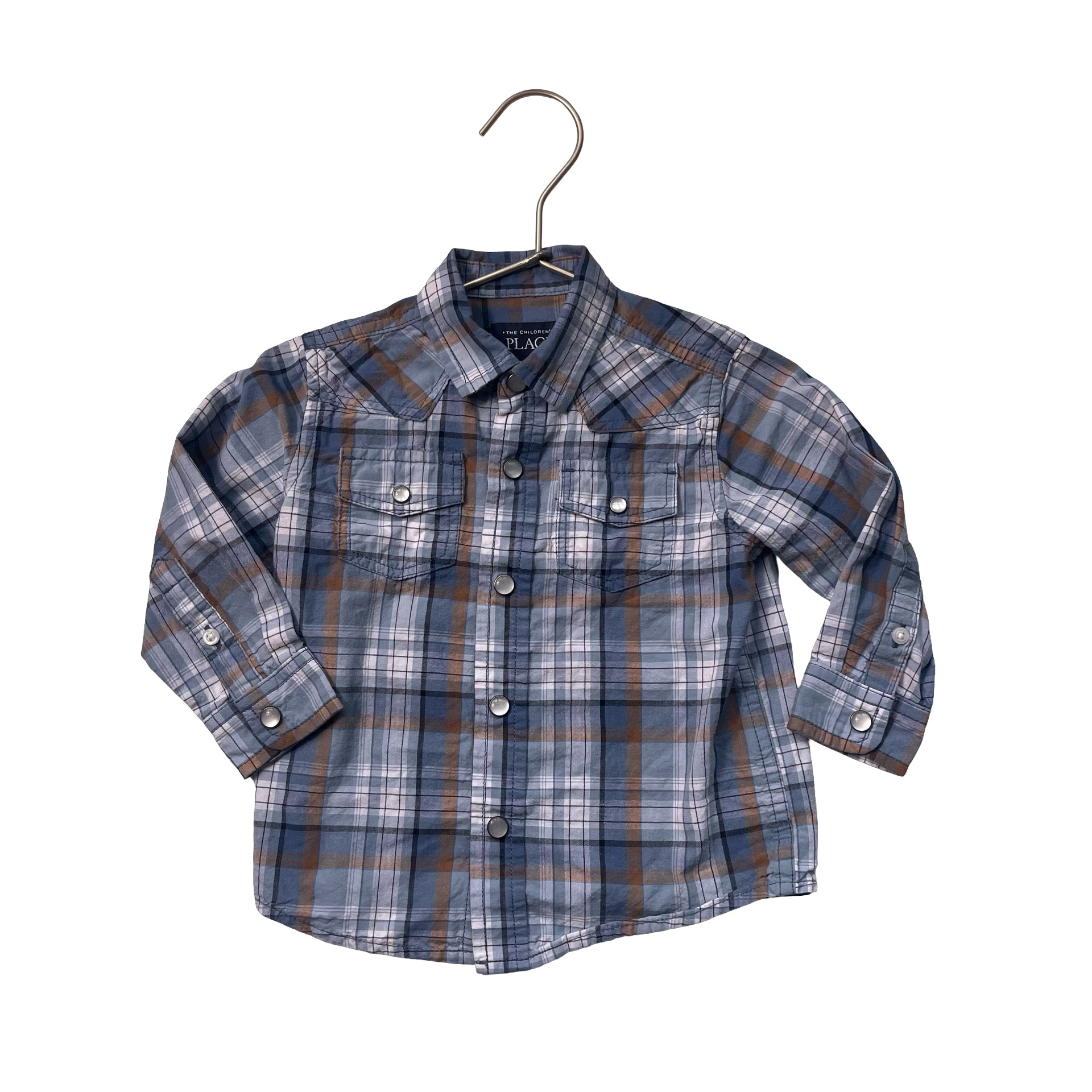 Children's Place Blue, Ivory & Brown Plaid Snap Long Sleeve Shirt - Size 12 - 18 M - Bounce Mkt
