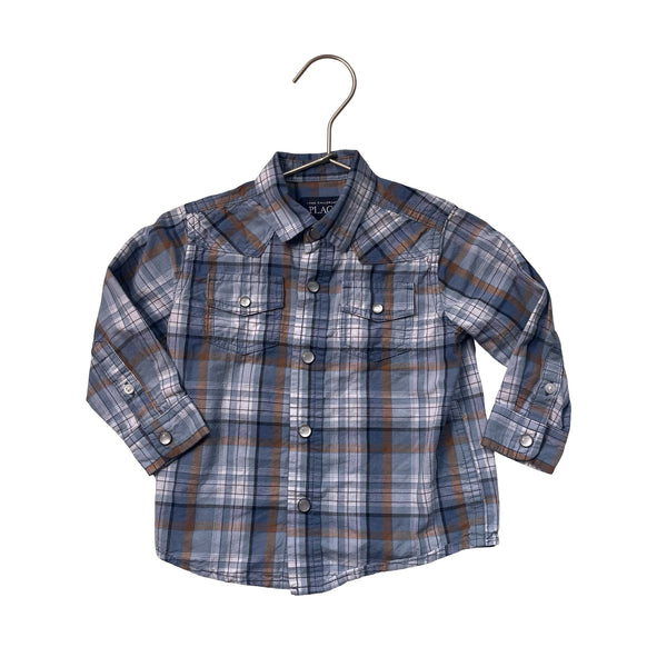 Children's Place Blue, Ivory & Brown Plaid Snap Long Sleeve Shirt - Size 12 - 18 M - Bounce Mkt