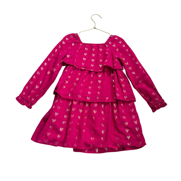 Crewcuts Raspberry Pink Metallic Hearts Tiered Long Sleeve Dress - Size 6 - Bounce Mkt