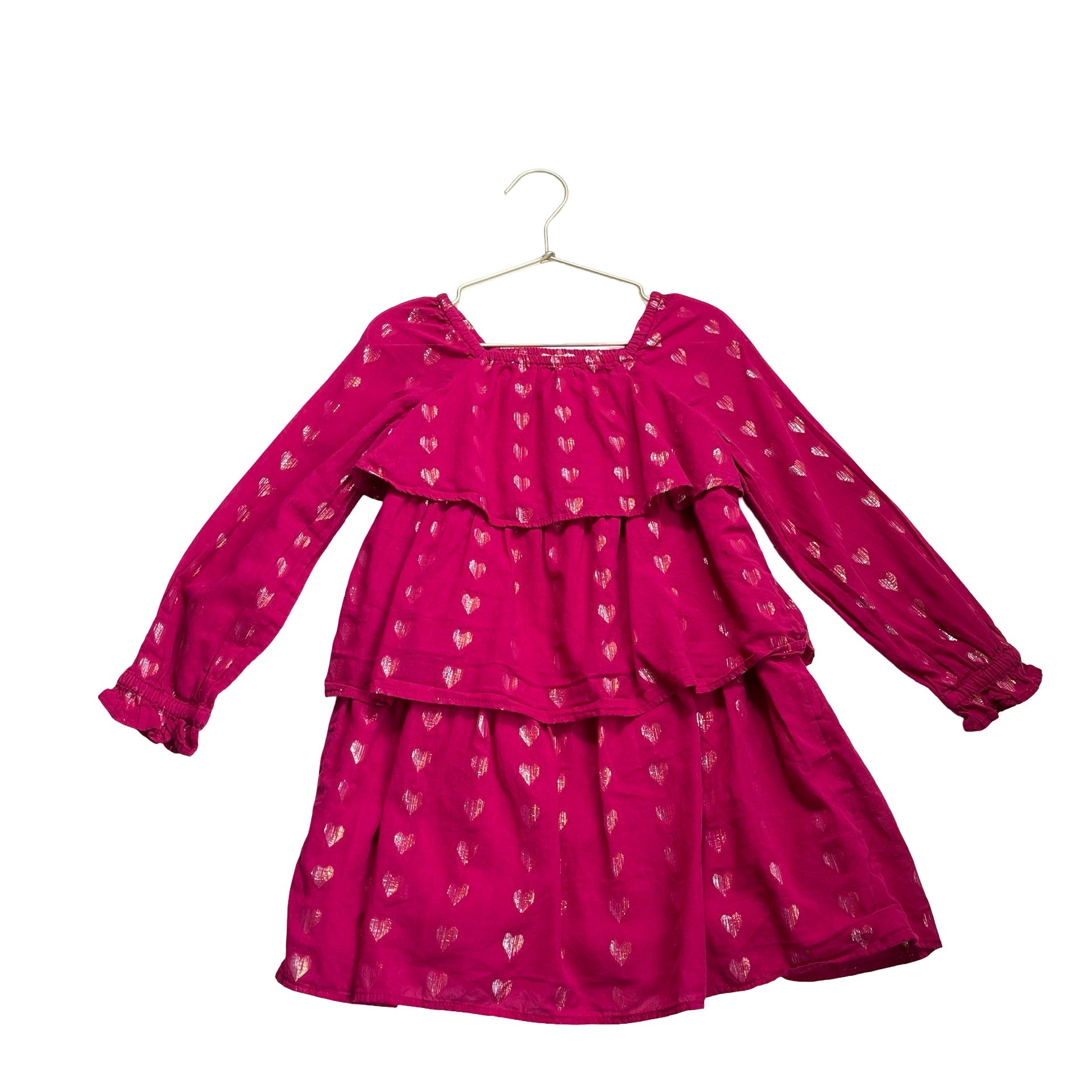 Crewcuts Raspberry Pink Metallic Hearts Tiered Long Sleeve Dress - Size 6 - Bounce Mkt