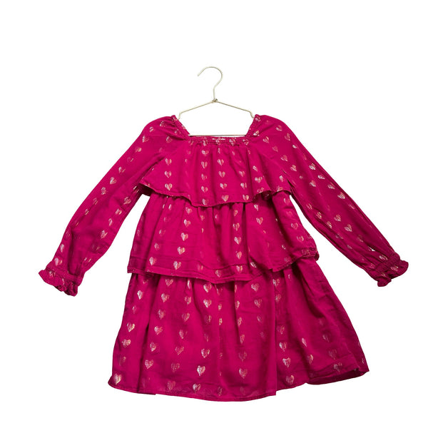 Crewcuts Raspberry Pink Metallic Hearts Tiered Long Sleeve Dress - Size 6 - Bounce Mkt