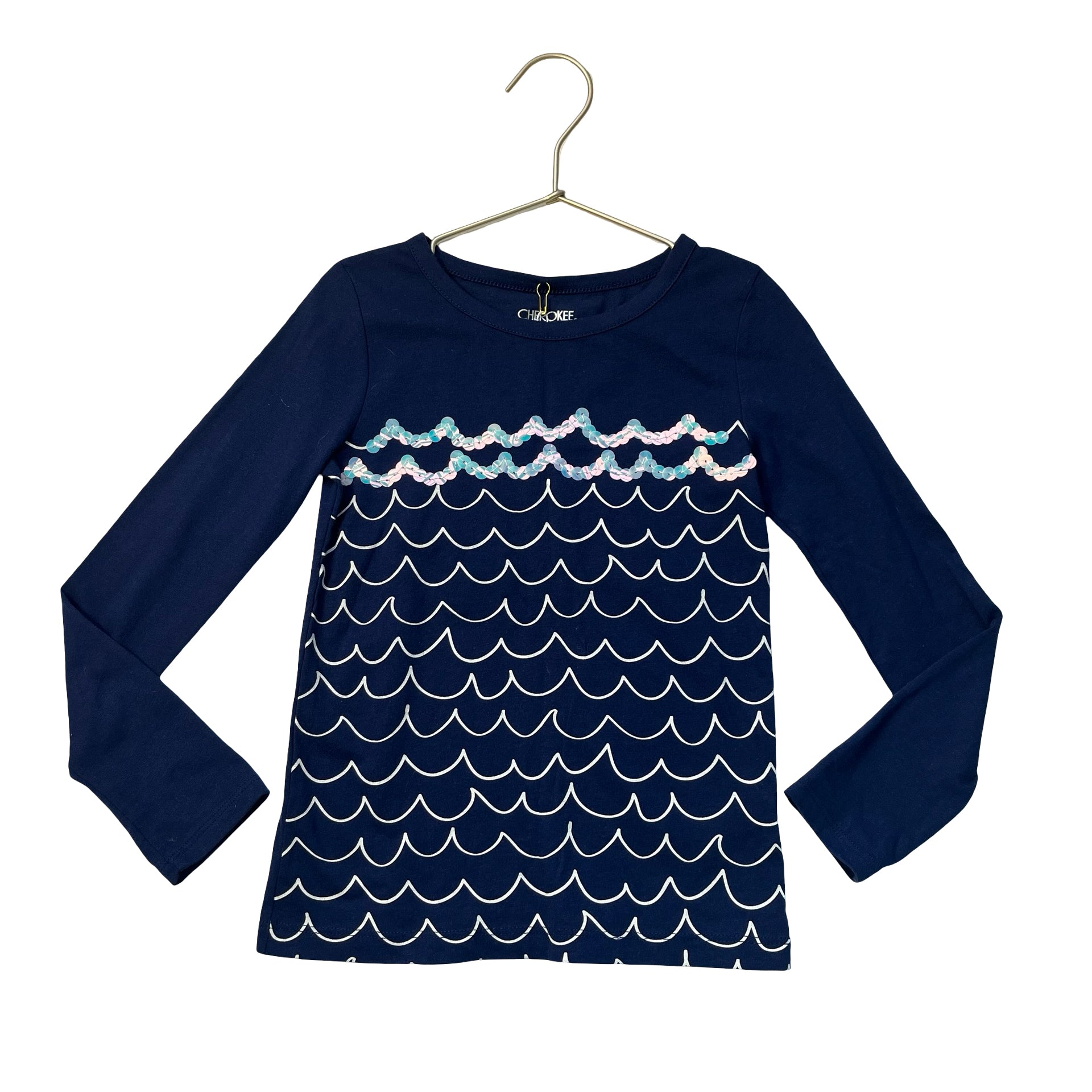 Cherokee Navy White & Sequin Wave Print Shirt - Size S 6