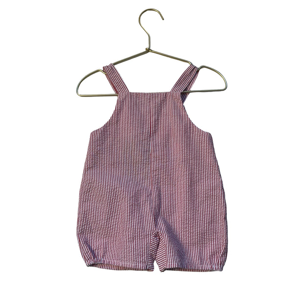 Anavini Red & White Striped Seersucker Embroidered Sailboat Shortall - Size 9 Mo
