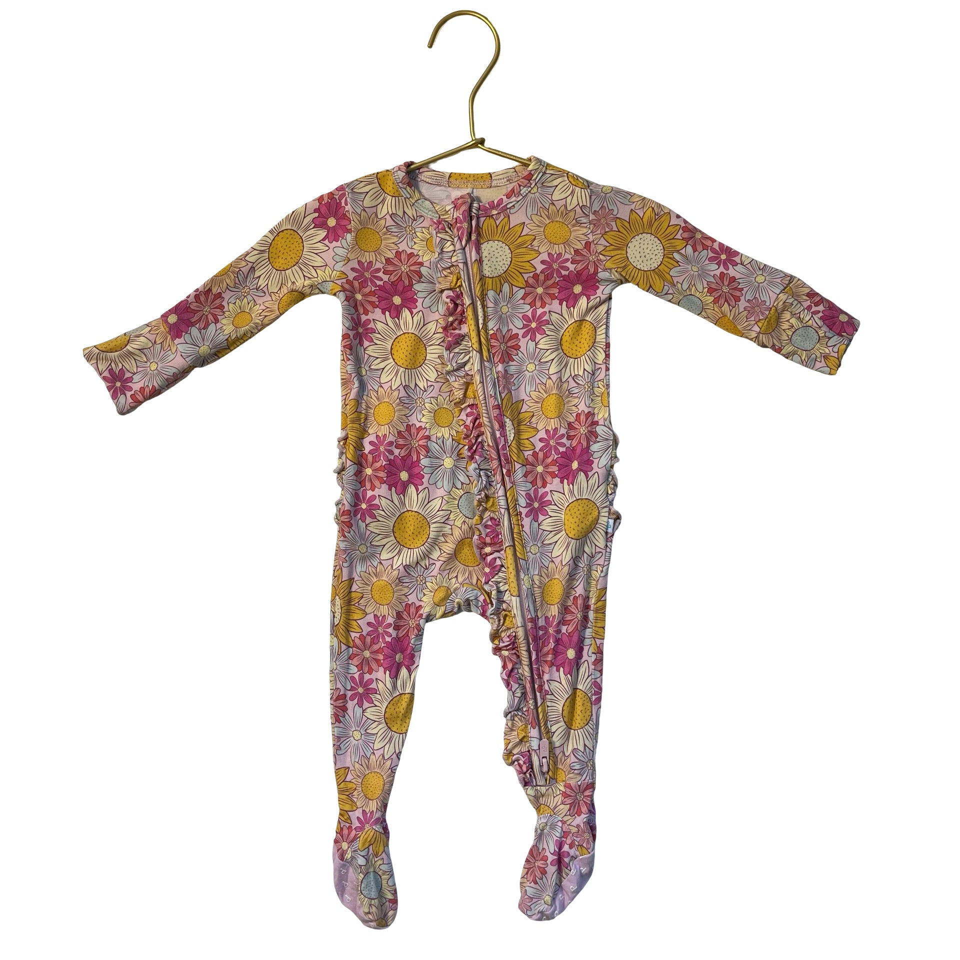Posh Peanut Pink Flower Print Ruffle Footed One-Piece - Size 0-3 Mo