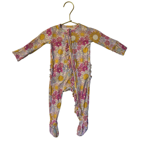 Posh Peanut Pink Flower Print Ruffle Footed One-Piece - Size 0-3 Mo