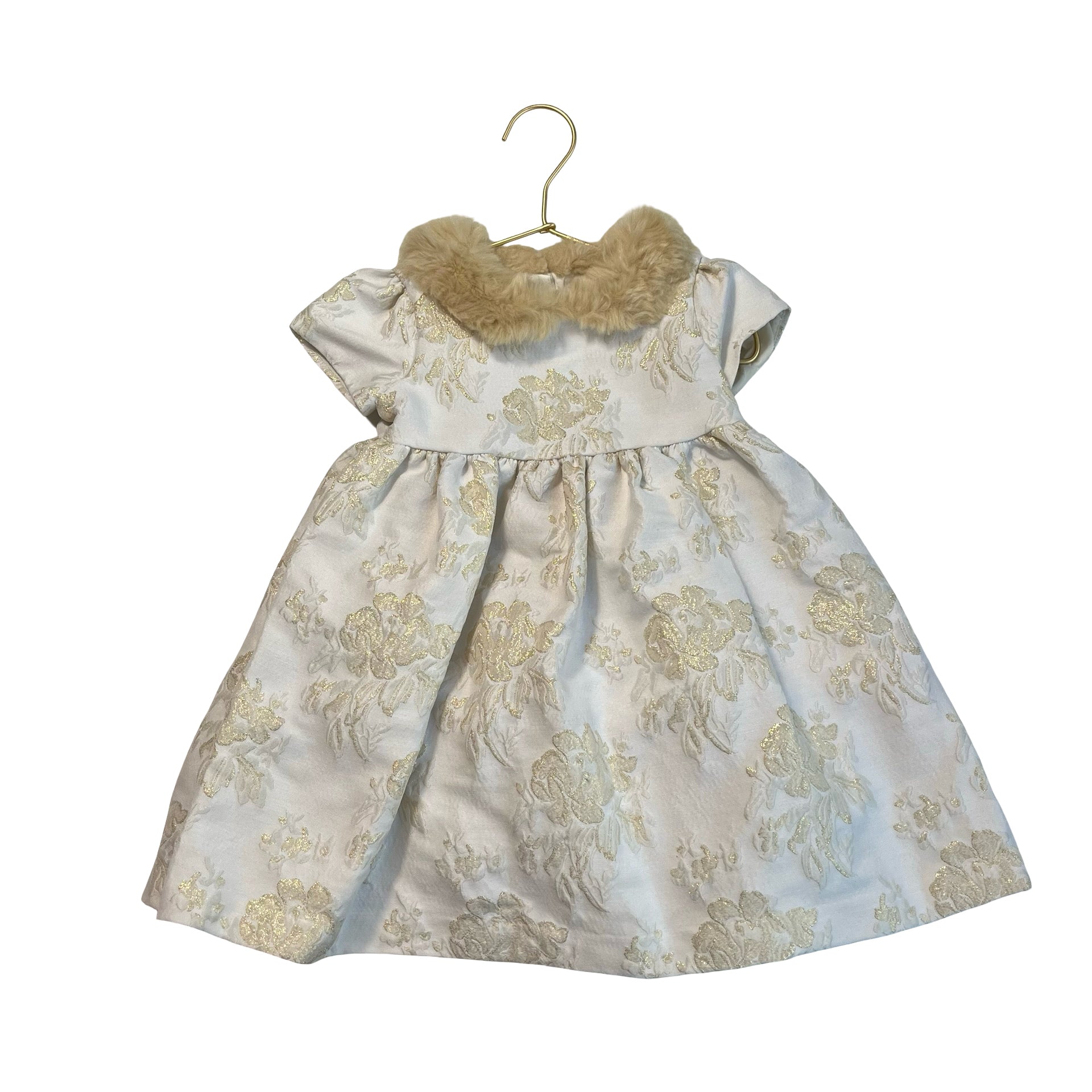 Janie and Jack Ivory & Gold Floral Brocade Faux Fur Collar Dress - Size 18-24 Mo