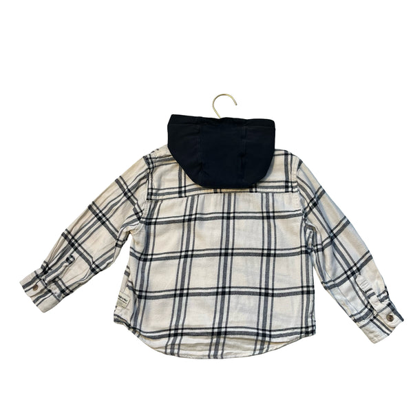 Zara Ivory & Black Plaid Flannel Hooded Button Down Shirt - Size 6