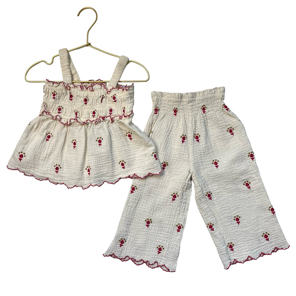 Zara Ivory & Red Embroidered Flower Pants & Tank Set - Size 2