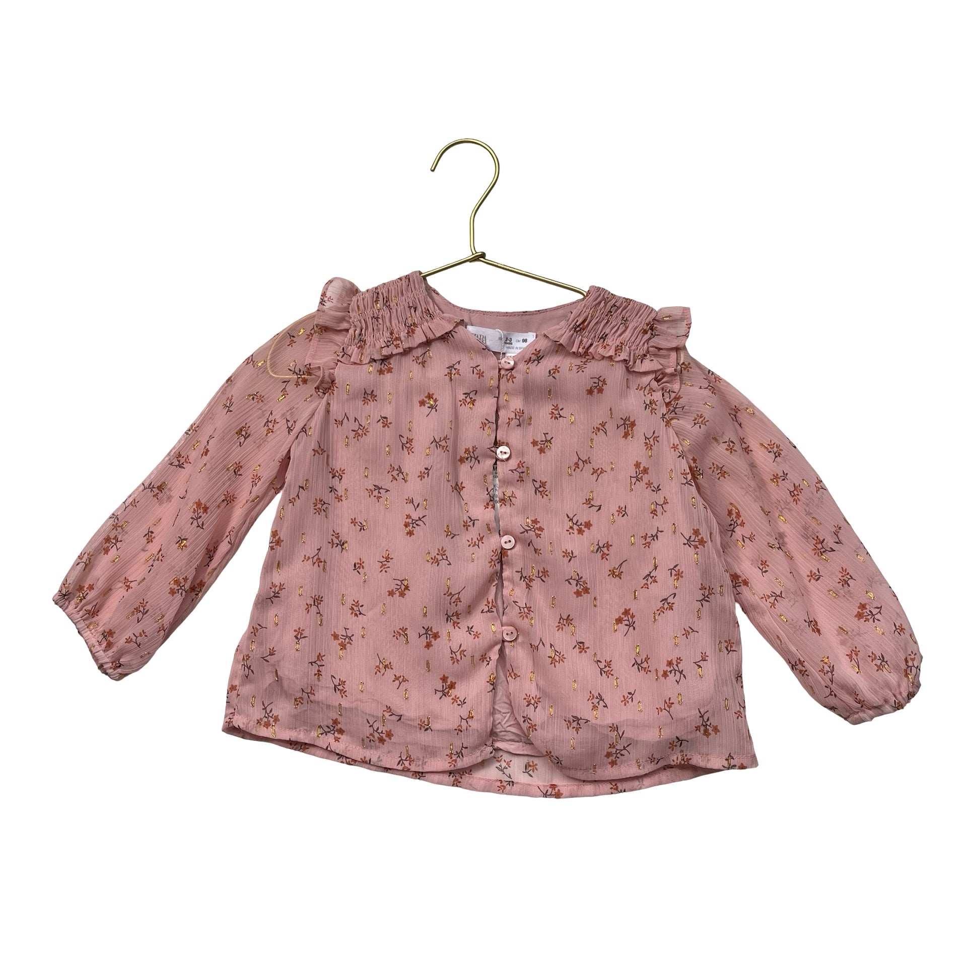Zara Pink & Metallic Gold Floral Blouse - Size 2-3