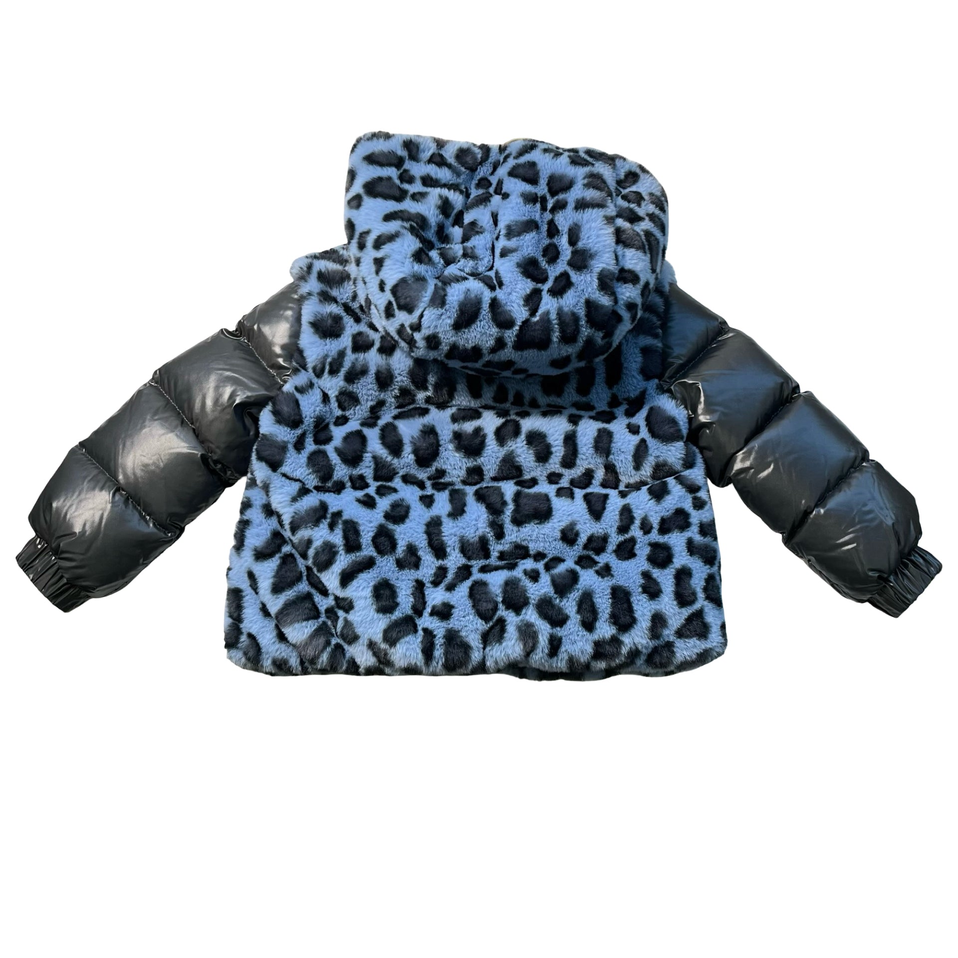 Moncler Blue Leopard Faux Fur & Puffer Hooded Jacket - Size 4A