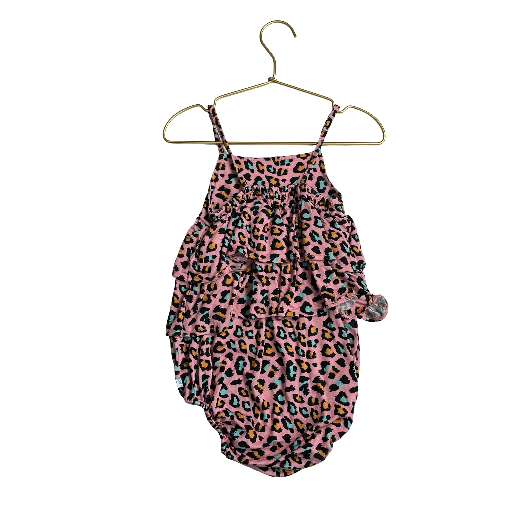 Posh Peanut Pink, Black, Orange, Teal Leopard Print Bubble Romper - Size 2T