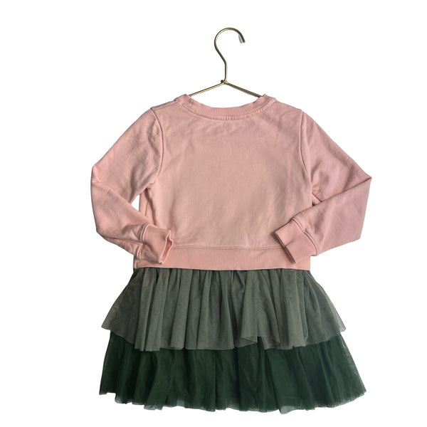 Piccolina Evergreen Graphic Pink Sweatshirt & Green Tulle Dress - Size 4T